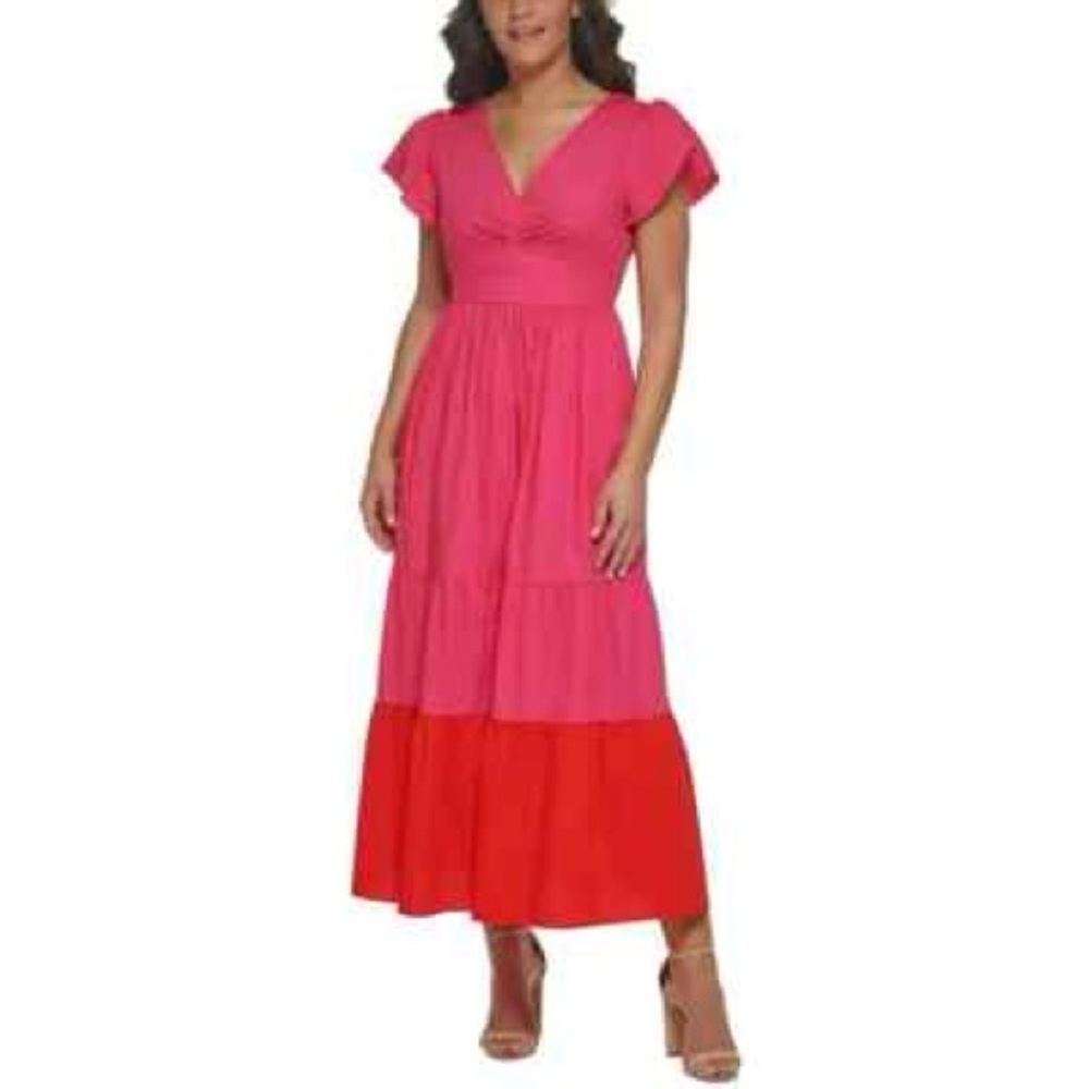 Kensie Pink and Red Tiered Maxi Dress